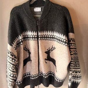 Women’s Black and Cream Sweater with Reindeer Design
